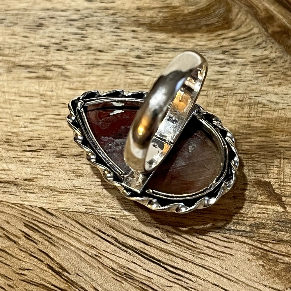 BRECCIATED JASPER GEMSTONE RING SIZE 6.25 STAMPED 925 SILVER PLATED - Picture 3 of 8